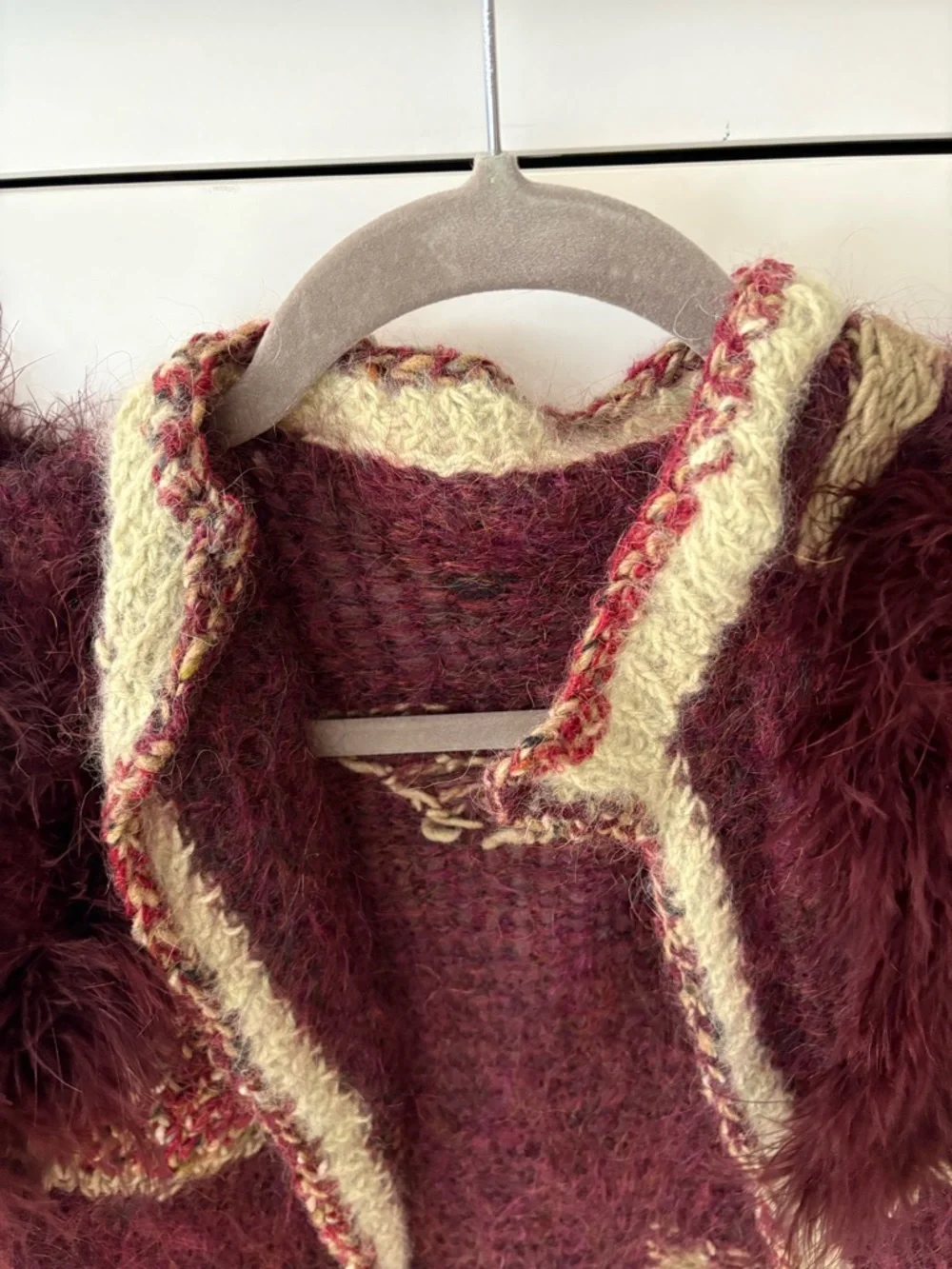 Cozy Burgundy and Cream Open-Front Knit Sweater - Picture 4 of 4